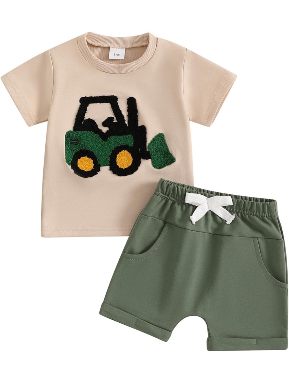 NWT Kids Beige & Green Tractor Tee and Shorts Set 2-3 Y A88